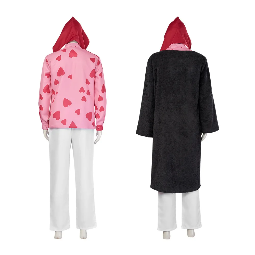 One Piece: Donquixote Rosinante | Black Plush Jacket and Pink Shirt Costume Cosplay 24 Generic Black Plush Jacket and Pink Shirt Costume for Men (Unofficial)