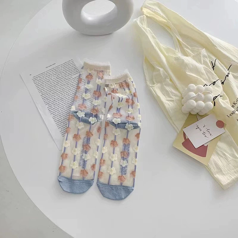 5 Paare/satz Frankreich Hipster Design Glas Seide Floral Vogel Lustige Socken Frauen Transparente Kunst Söckchen Jacquard – Detail 40