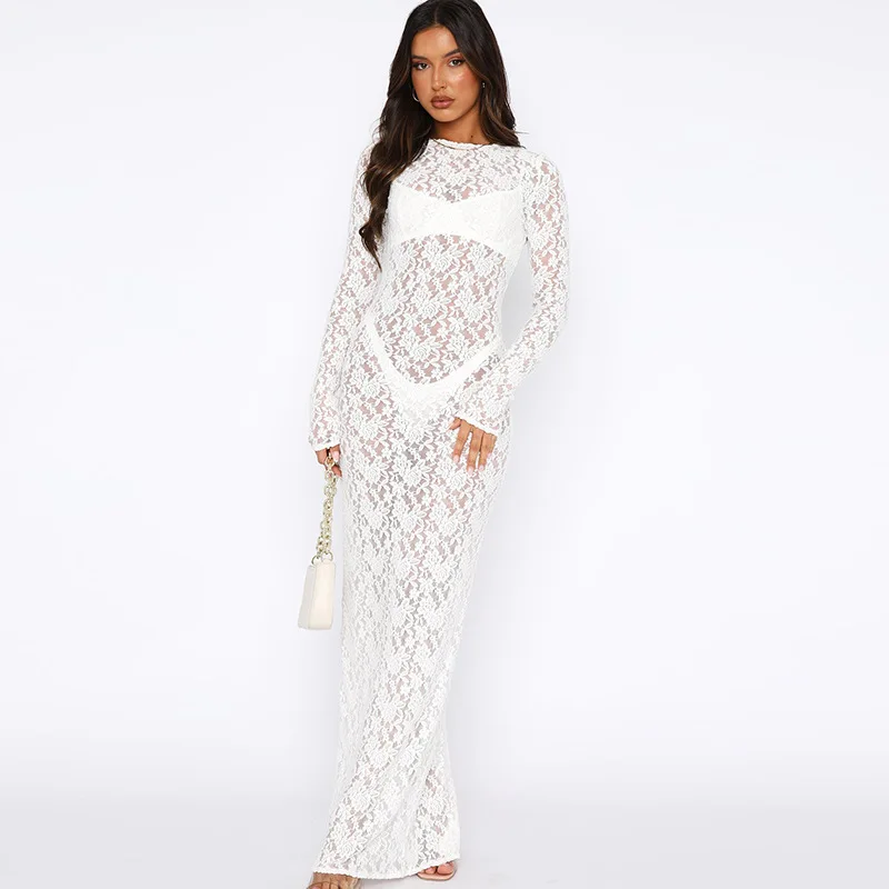 Lace See-Through Printed Long Dress Female Hollow Out Slim High Waist Solid Dress Sexy Club Clothes Ladies Maxi Dress 2025