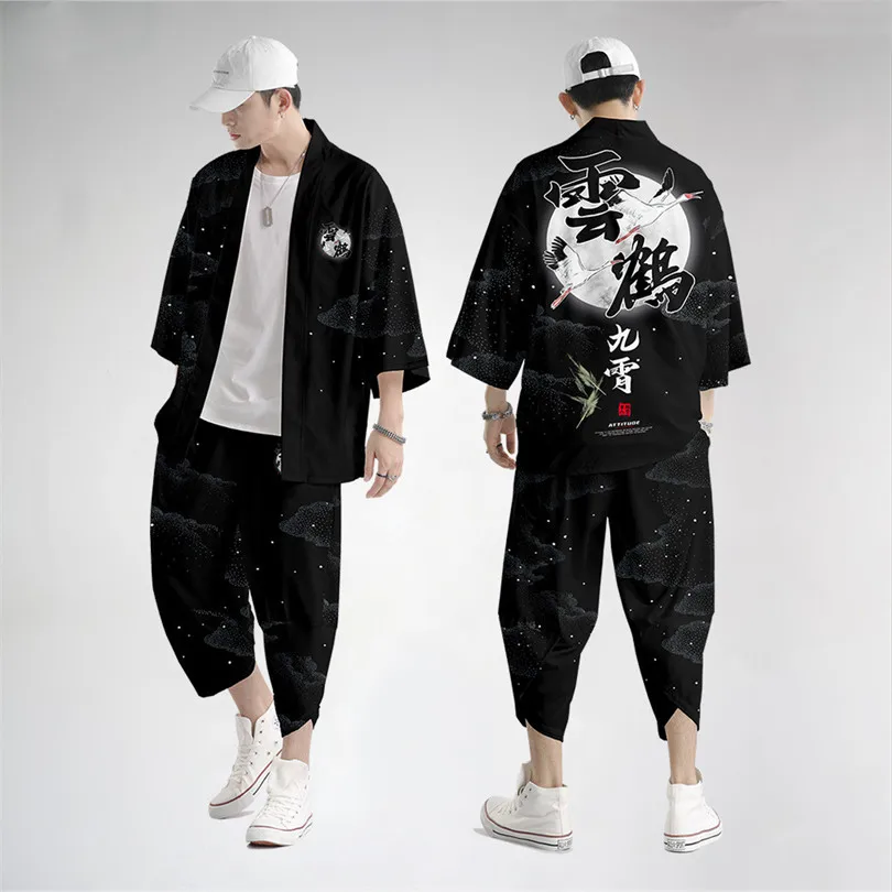 

2023 New Kimono Haori Shirt Two-piece Suit Oversize Japanese Crane Cardigan Women Men Yukata Harajuku Tradition Kimono Pants Set