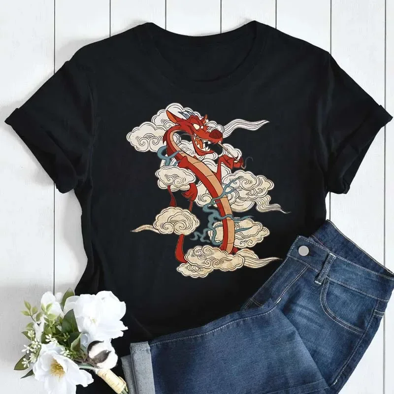 Disney Mulan Print Women T-shirt Harajuku Aesthetics Casual Short Sleeve T Shirt Female New Summer Fashion Mushu Print Clothes