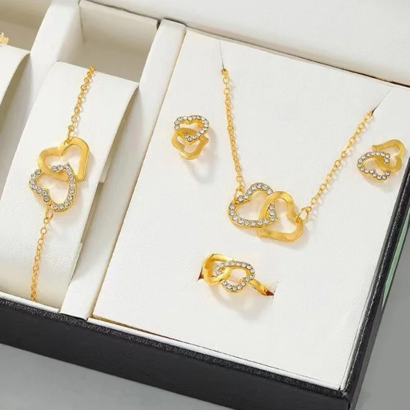 5PCS/Set Heart Shaped Jewelry Sets Of Ring Earrings Necklace For Women Elegance Rhinestone Double Heart Jewelry jewelry sets jewelry set