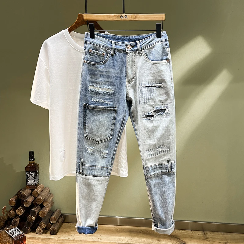 Y2K men's jeans personalized splicing holes hipster stretch Slim embroidery patches small straight leg pants men's pants