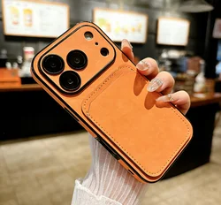 Luxury Suede Leather Wallet Phone Case with Matte Glass Protector - iPhone 15 Plus (Orange)