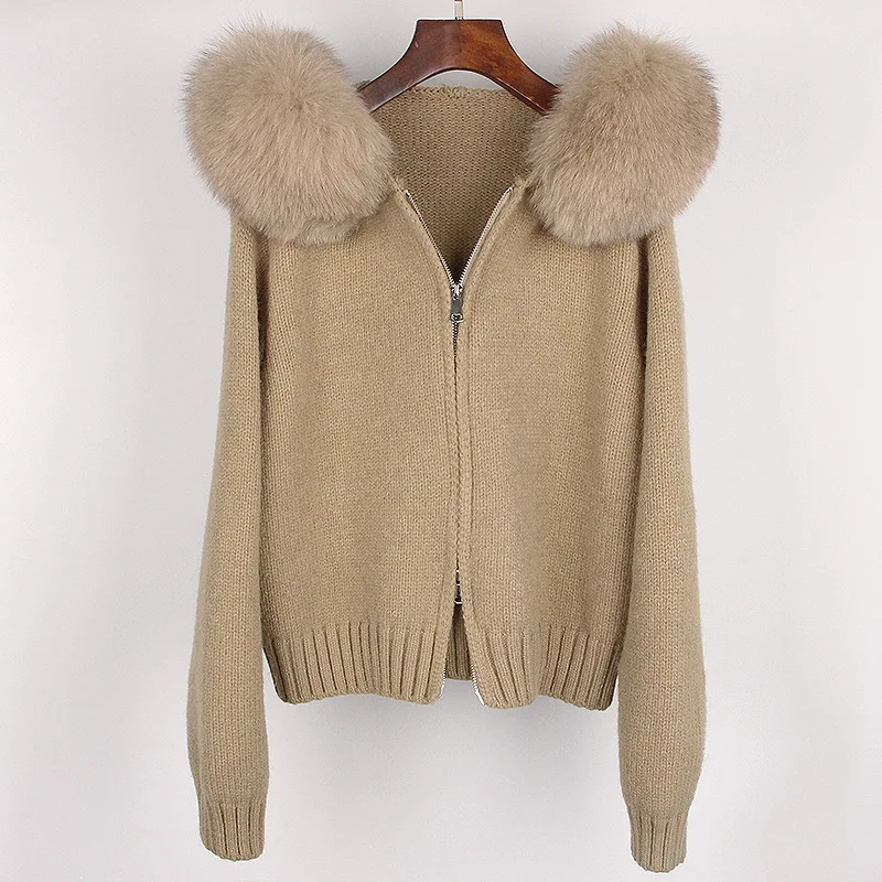 Autumn/Winter Casual Hooded True Fox Coat Women's Wool Collar Fashion Versatile Knitwear with Fur Overlay
