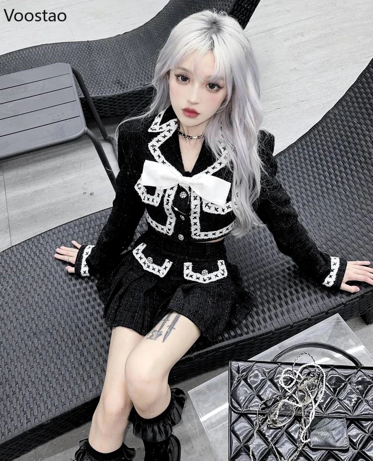 

Spring Autumn Y2k Black Two Pieces Set Women Crop Blazer Jackets+Mini Pleated Skirts Girls Punk Gothic Outfits Lady Korean Suit
