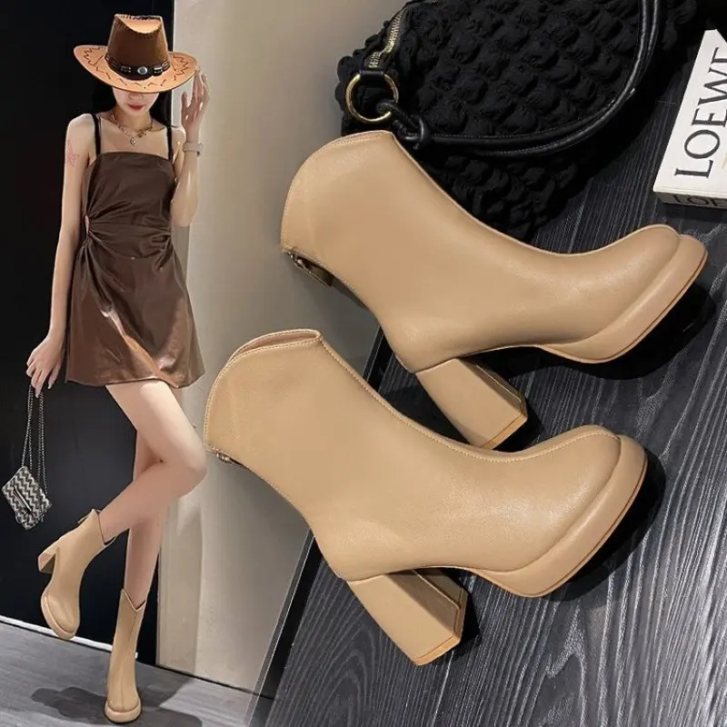 Women Ankle Boots Platform Square High Heel Ladies Short Boots Patent PU Leather Round Toe Spring and Fall New Plus Size 42 43