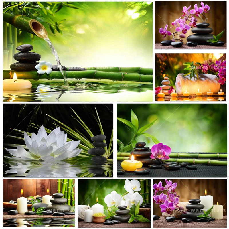 Zen Stone Green Bamboo Red Flowers Painting Bagno Print Art Canvas Poster Per Soggiorno Decor Home Wall Picture