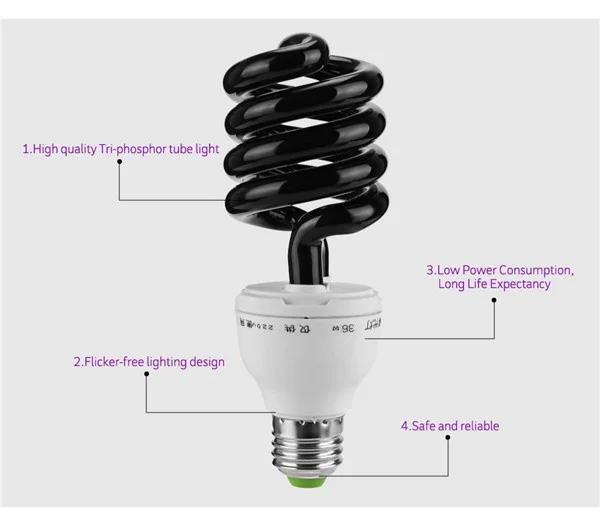 Led Light 220V 36W 40W E27 Ultraviolet UV Spiral Energy Saving BlackLight Lamp AA 3w uv lamp uv high energy curing lamp uv glue shadowless glue green oil curing led ultraviolet lamp car lamp repair 365nm 395nm