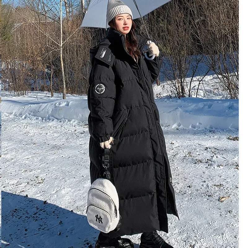 Korean Black White Patchwork Long Down Coat Hooded Padded Jacket Women Thicken Winter Warm Oversized Down Jacket Coat Overcoat
