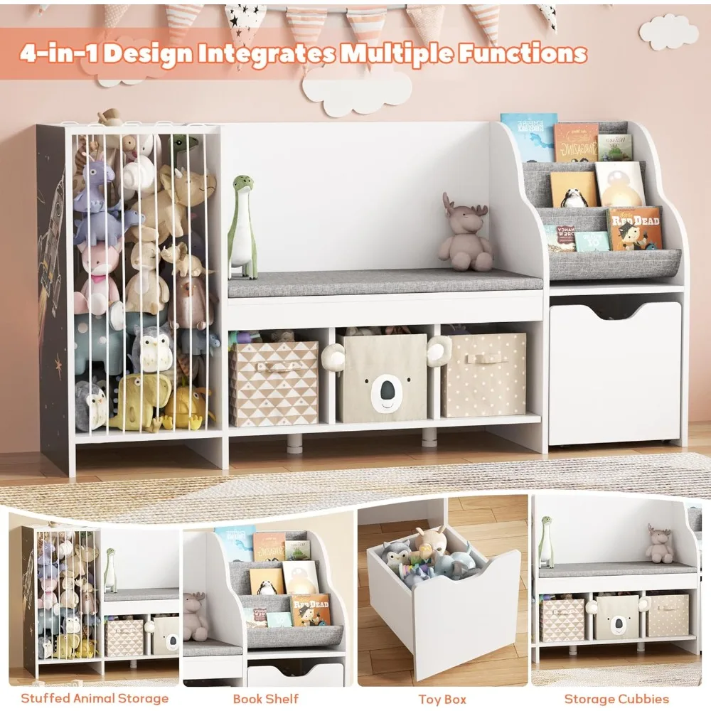 Kids Reading Nook with Bench, Toy Storage Organizer, Bookshelf with Seat Cushion, 3 Cubbies & Wheels for Playroom