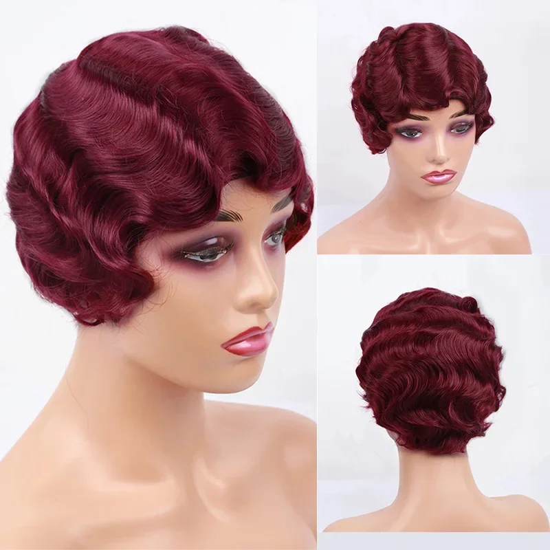 Pelucas rizadas cortas rojas para mujeres afroamericanas, pelucas de ondas de dedo marrones y negras, peluca de cabello rubio sintético, Cosplay