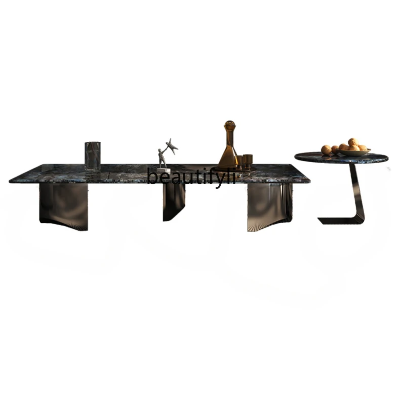 

Italian Minimalist Black-Capped Kingfisher Luxury Stone Creative Rectangle Coffee Table Combination Living Room furniture