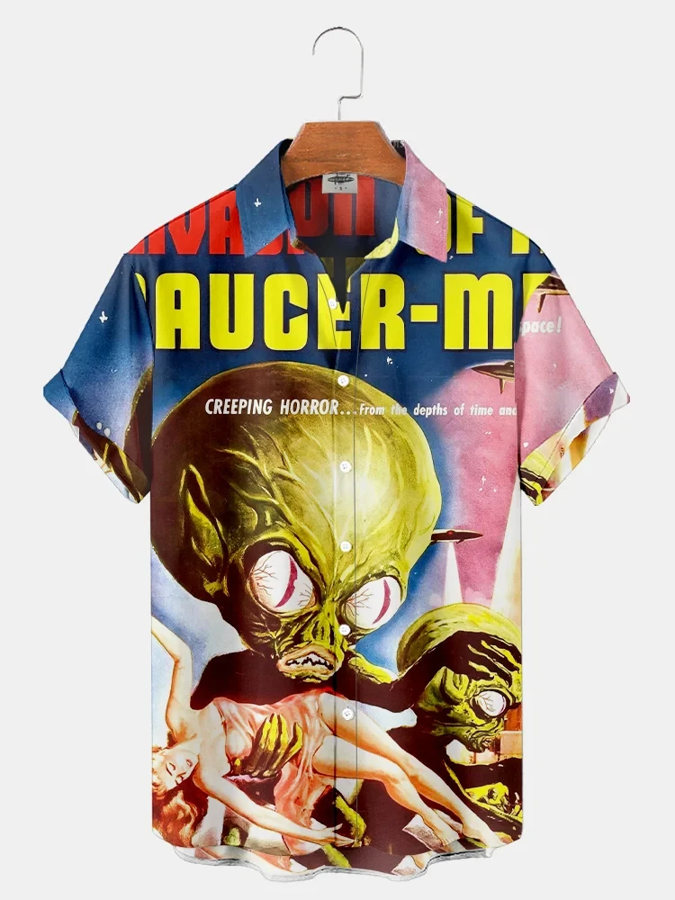 

New Summer Beach Men's Shirt 3D Alien Print Trend Short Sleeve Shirt Hawaiian Male Clothing Casual Oversized Vacation Streetwear