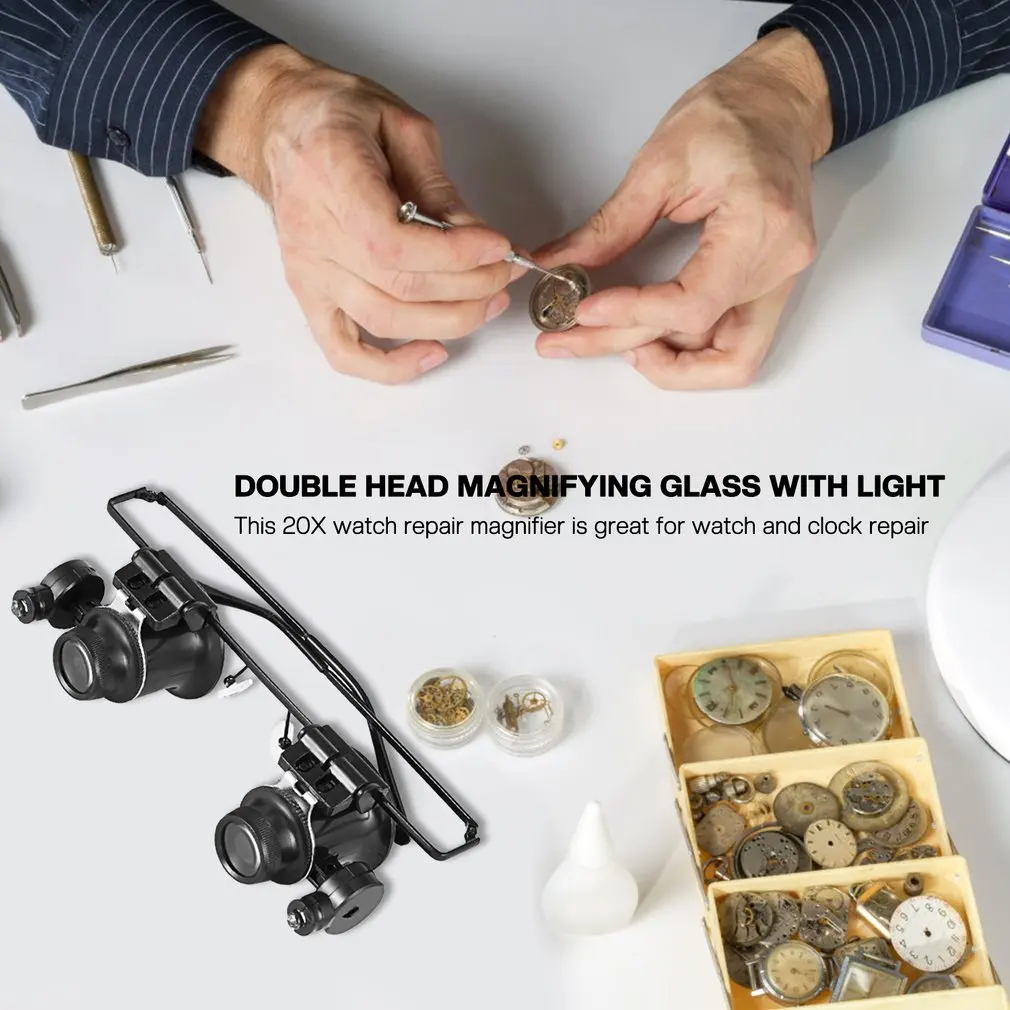 20X Head Eyeglass Loupe Glasses & LED Watchmakers Magnifier Watch Repair  Loupes