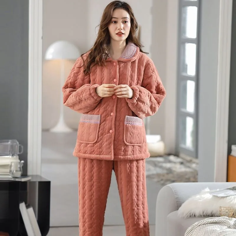 2024 Coral Velvet Three-layer Sandwich Cotton Pajamas Women's Winter Thickened Loungewear Warm Double-sided Velvet Homewear Set