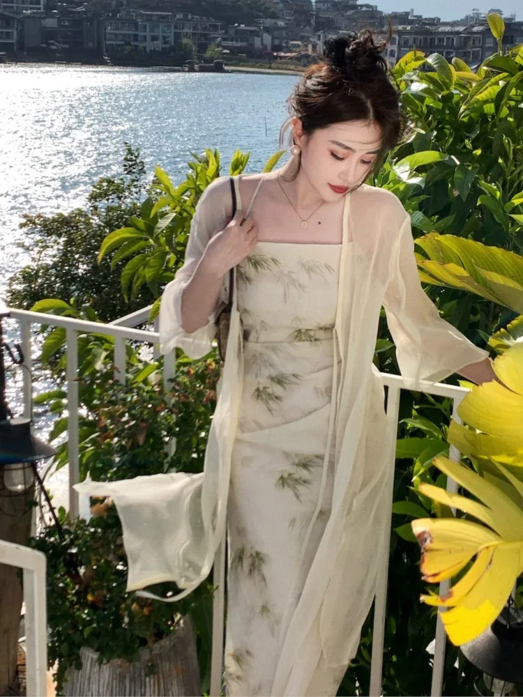 

Flora Print Summer Women Halter Midi Dress For Evening Party Casual Lady Long Sleeve Cardigan Fashion New Chic Vestidos Maxi