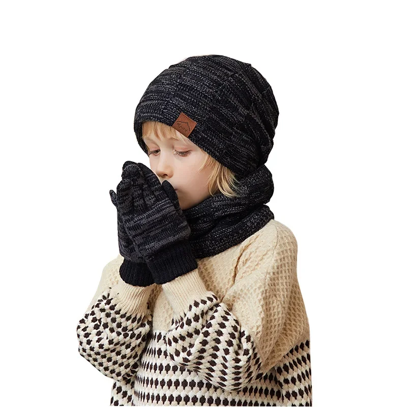 Winter Hat Gloves Scarf Set for Kids Boys Girls Warm Ear Protection Knitted Hat Plush Child Snood Scarf Enfant Gloves for Kids