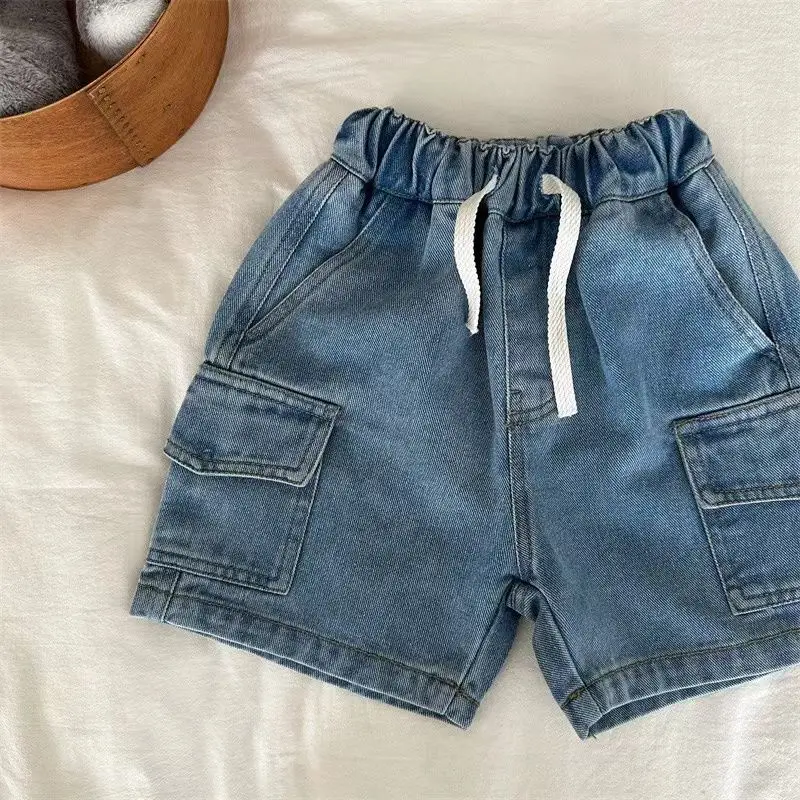 Kids Shorts Boys Girls Denim Shorts Summer Elastic Waist Drawstring Solid Color Pocket Cargo Jeans Baby Boys Casual Shorts