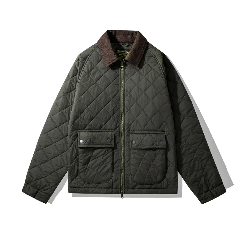 OKONKWO quilted jacket men's retro solid color corduroy lapel coat thick windproof warm workwear jacket autumn and winter 3