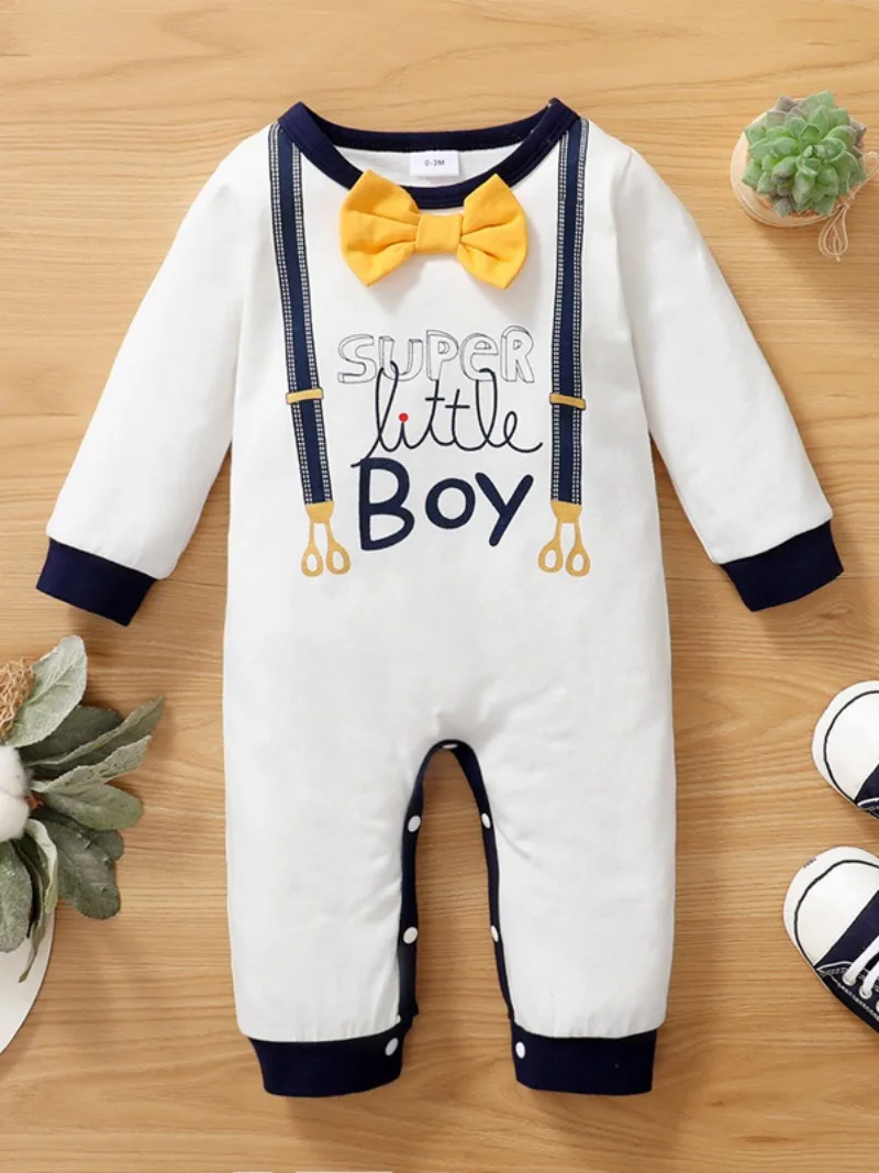 Infant Romper Newborn Baby Boy Romper Cute Bowtie Long Sleeve Bodysuit Spring and Autumn Clothing for Toddler Boy 0-18 Months