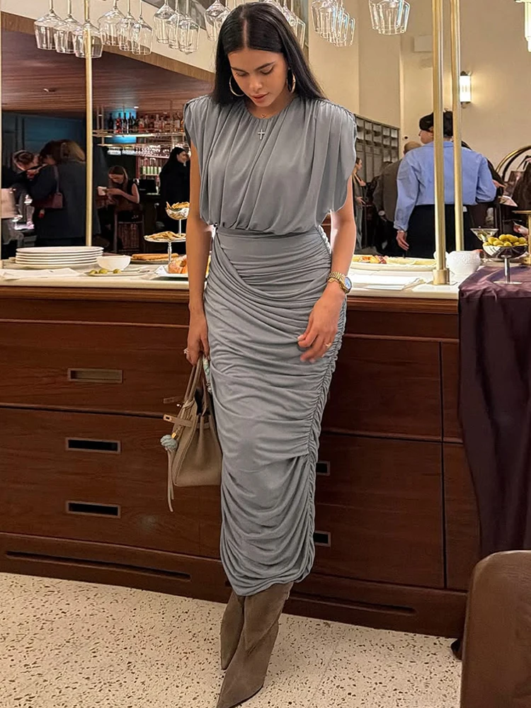 Nibber Classic Elegant 2-Piece Set Women Ruched Sleeveless Crop Top+Stretch Irregular Peach Hip Skirt Skinny Evening Outfits