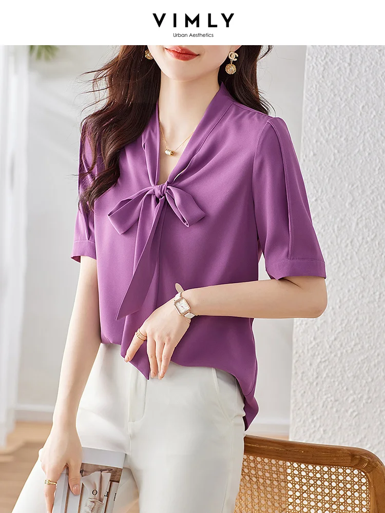 Vimly Purple Short Sleeve Bow Neck Women's Blouse 2023 Summer Fashion Professional Office Ladies Shirts Loose Pullover Tops vimly women s summer thin loose blazers suit 2023 cotton linen short sleeve office ladies casual professional blazer jacket