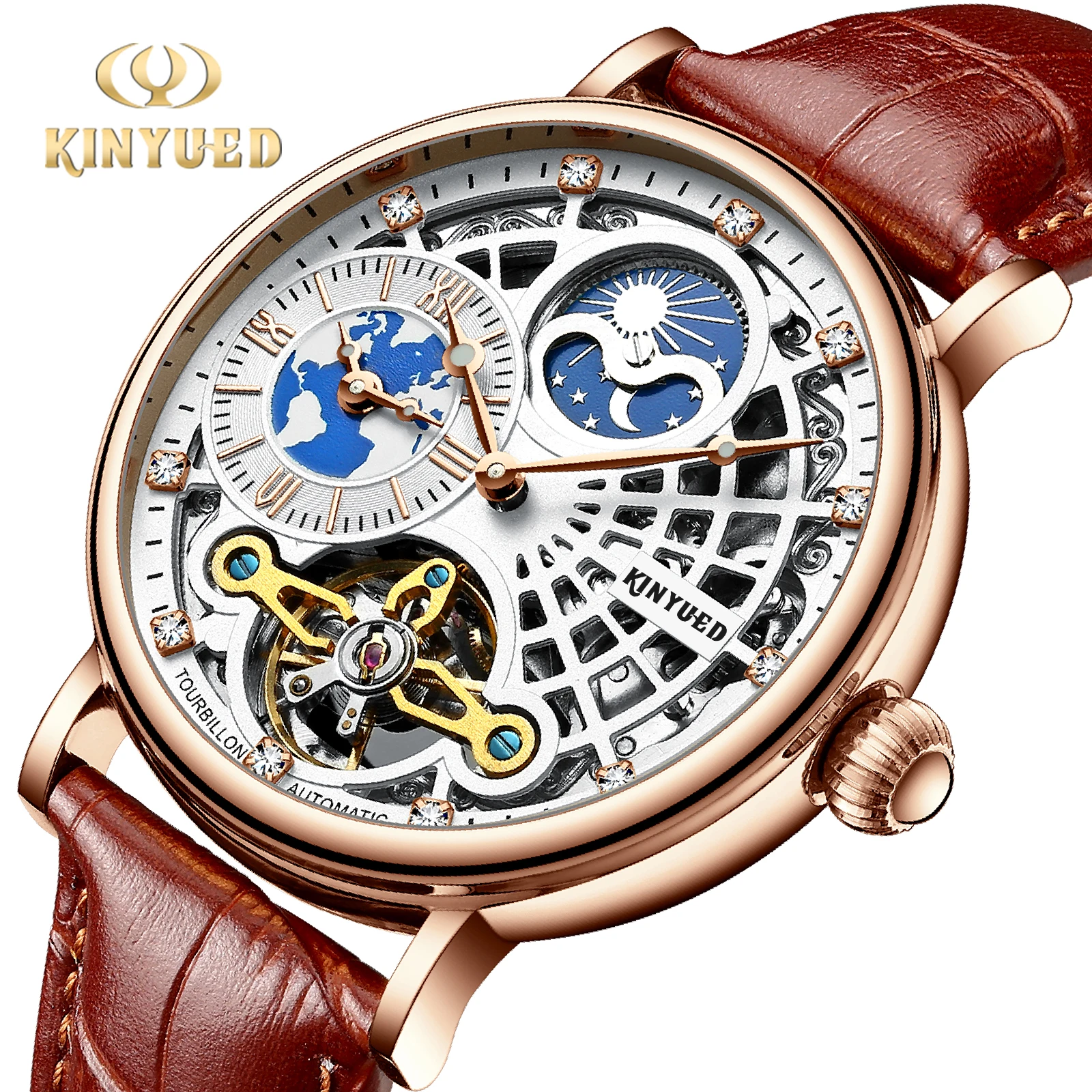 

Kinyued Automatic Mechanical Fashion Man Watch Dual Time Zone Skeleton Flywheel Wristwatch Waterproof Leather Strap Men Watches