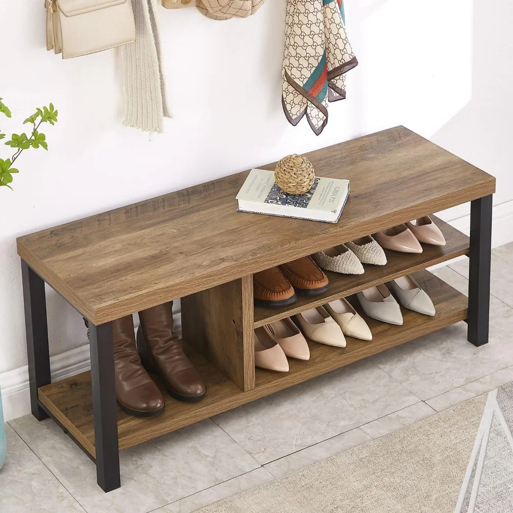 foluban shoe bench for entryway, wood and metal indoor bench with shoe storage and seating for bedroom, hallway, living room, ru
