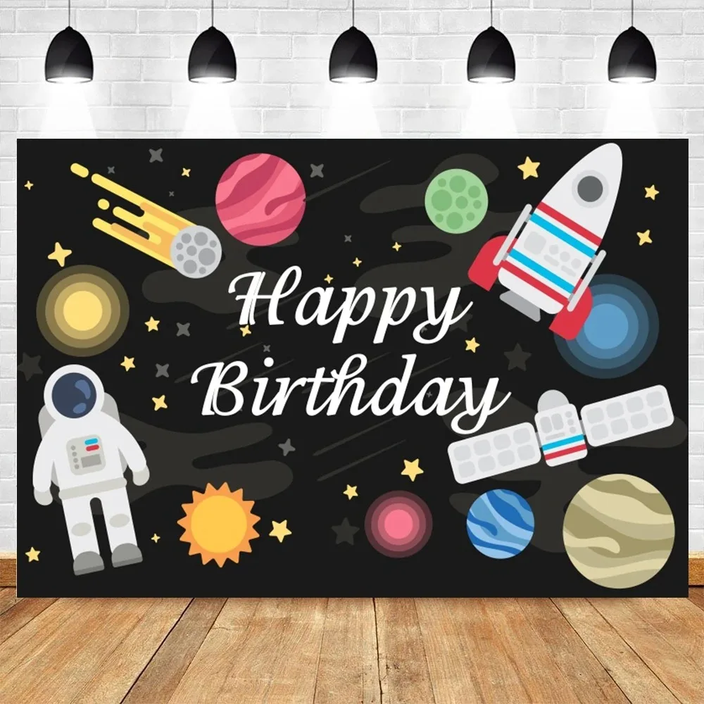 우주 우주비행사 테마 생일 배경, 우주 로켓 은하 행성, 어린이 생일 장식 사진 배경