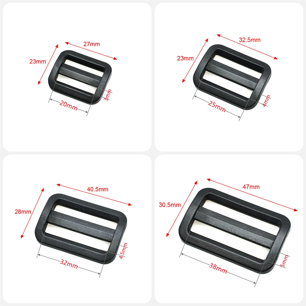5 Stück/Packung, schwarze Leiter-Schloss/Tri-Glide-Schieber, Kunststoffschnallen für Rucksackgurte, Gurtband, 20–38 mm – Detail 4