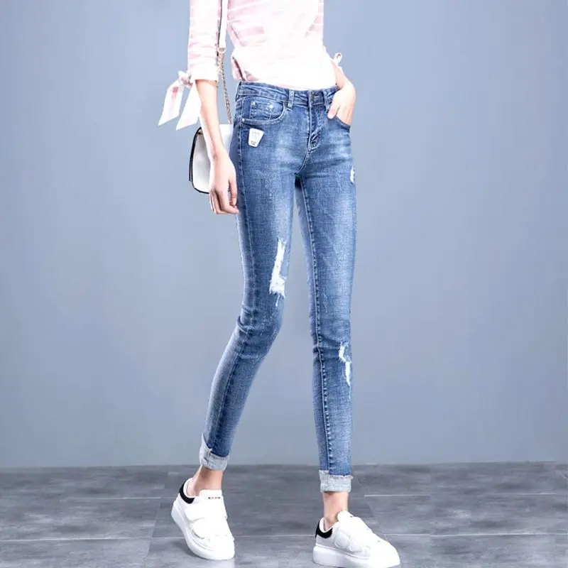 Streetwear Skinny Ripped Hole Jeans For High Waist Vintage Blue Pencil Denim Pants Korean Capris Slim Cowboy Trousers Women's