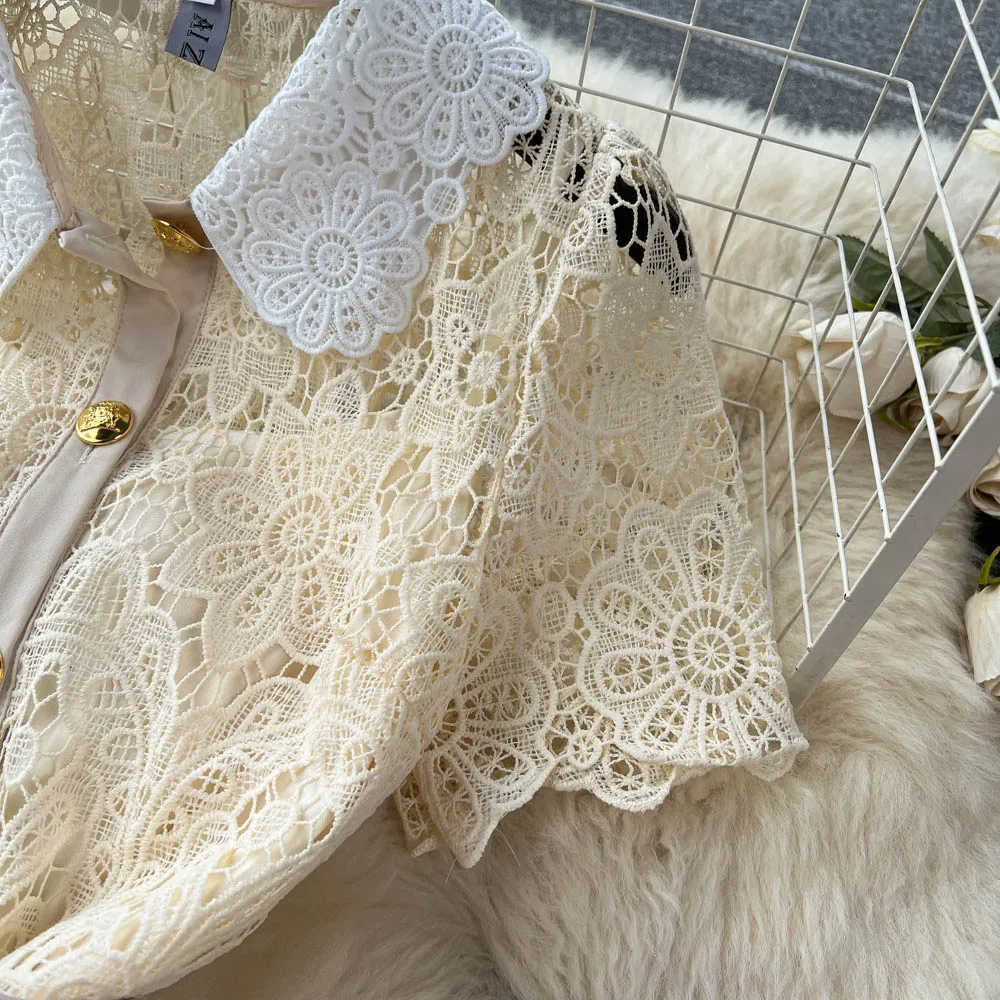 Sexy Chic lace Embroidery Turn-down Collar Dress vintage Elegant Korean Fashion Party Basic Slim Summer dresses
