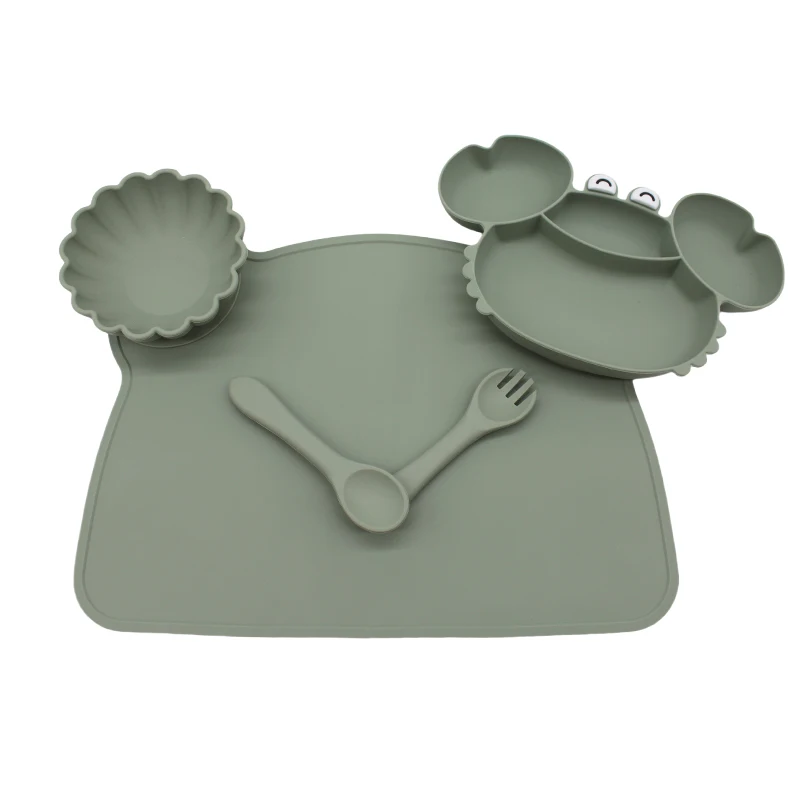 Crab compartment plate children's tableware set with meal bib eating training bowl soft silicone baby autonomous 6