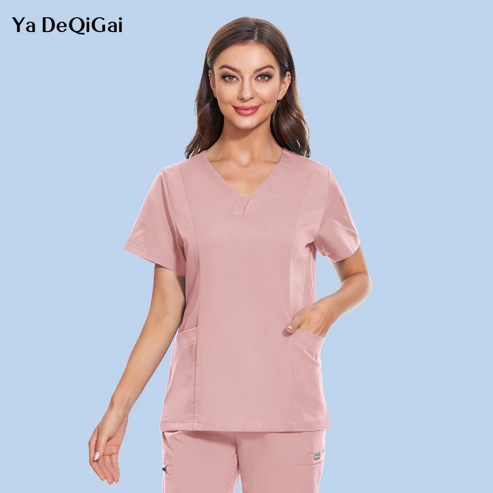 

Women Medica Scrubs Tops Nurse Nursing Uniform Short Sleeve V-neck Beauty Blouse Scrub Shirt With Pocket Work Wear Lab Jacket
