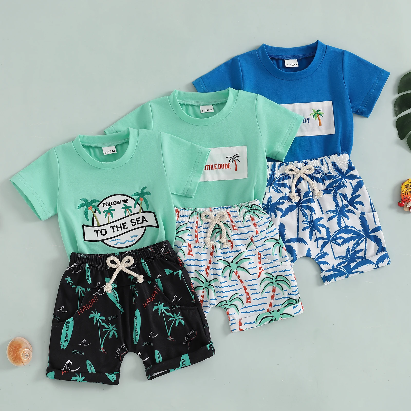 FOCUSNORM 0-4Y Summer Casual Kids Boys Clothes Set Short Sleeve Letter Embroidery T-shirt with Tree Print Shorts