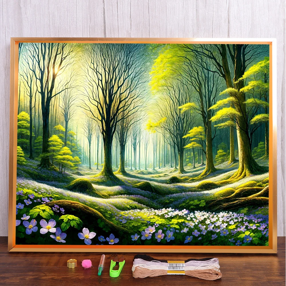 Landscape Forest Printed Fabric Cross-Stitch DIY Embroidery Kit Sewing Needlework Handmade Handicraft Room Decor Package