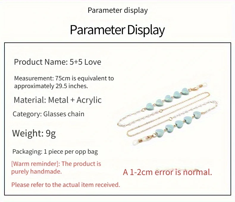 1er-Pack bunte herzförmige Brillenkette, Perlen-Herz-Maskenkette, Kopfhörerhalter, rutschfeste Verlustprävention, Brillenzubehör – Detail 2