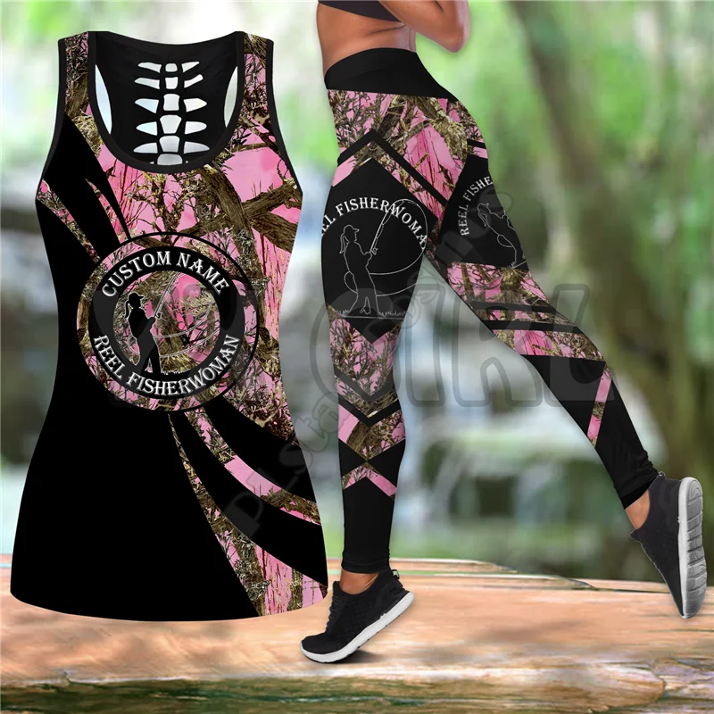 Personalized Name Reel Fisherwomen Camo Fishing 3D Printed Tank Top+Legging Combo Outfit Yoga Fitness Legging Women bass fishing blue tattoos camo 3d printed tank top legging combo outfit yoga fitness legging women