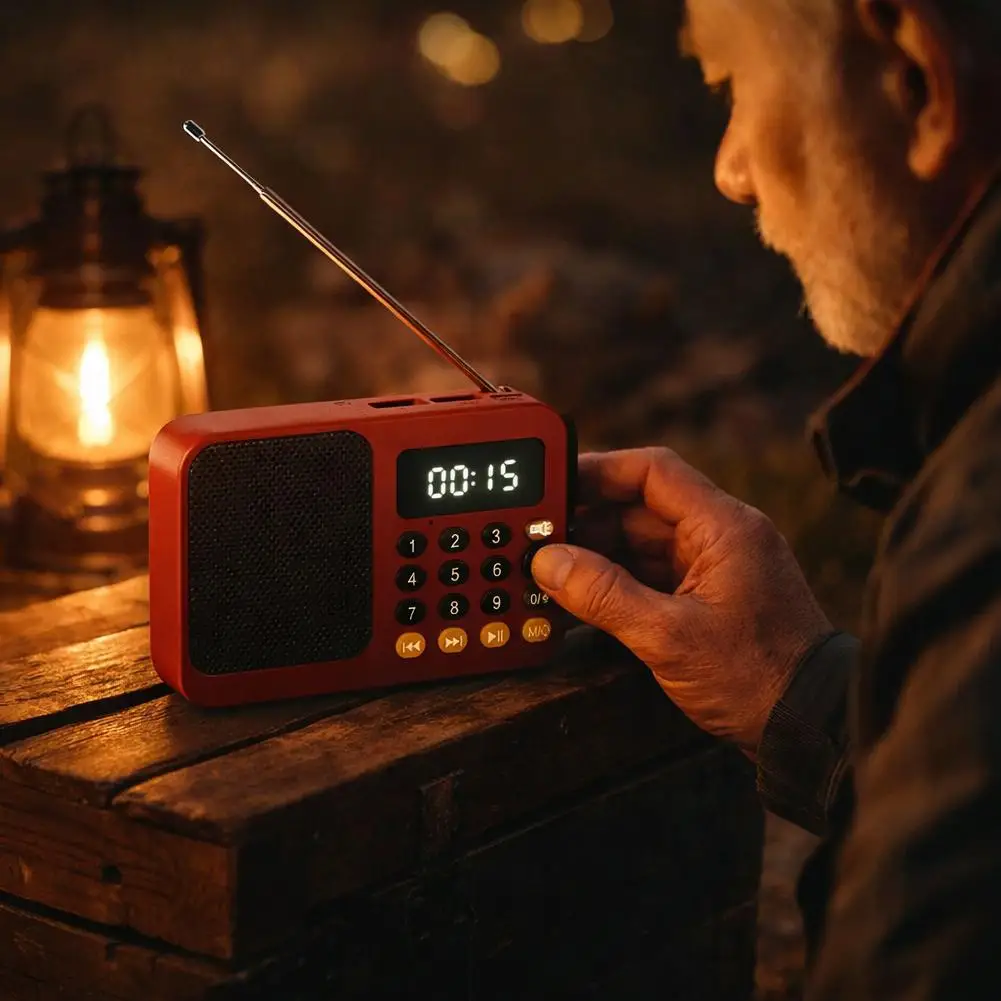 휴대용 FM 라디오 수신기 충전식 라디오 TF USB 음악 플레이어 LCD 디스플레이 LED 손전등 미니 레트로 스피커 (노인용)