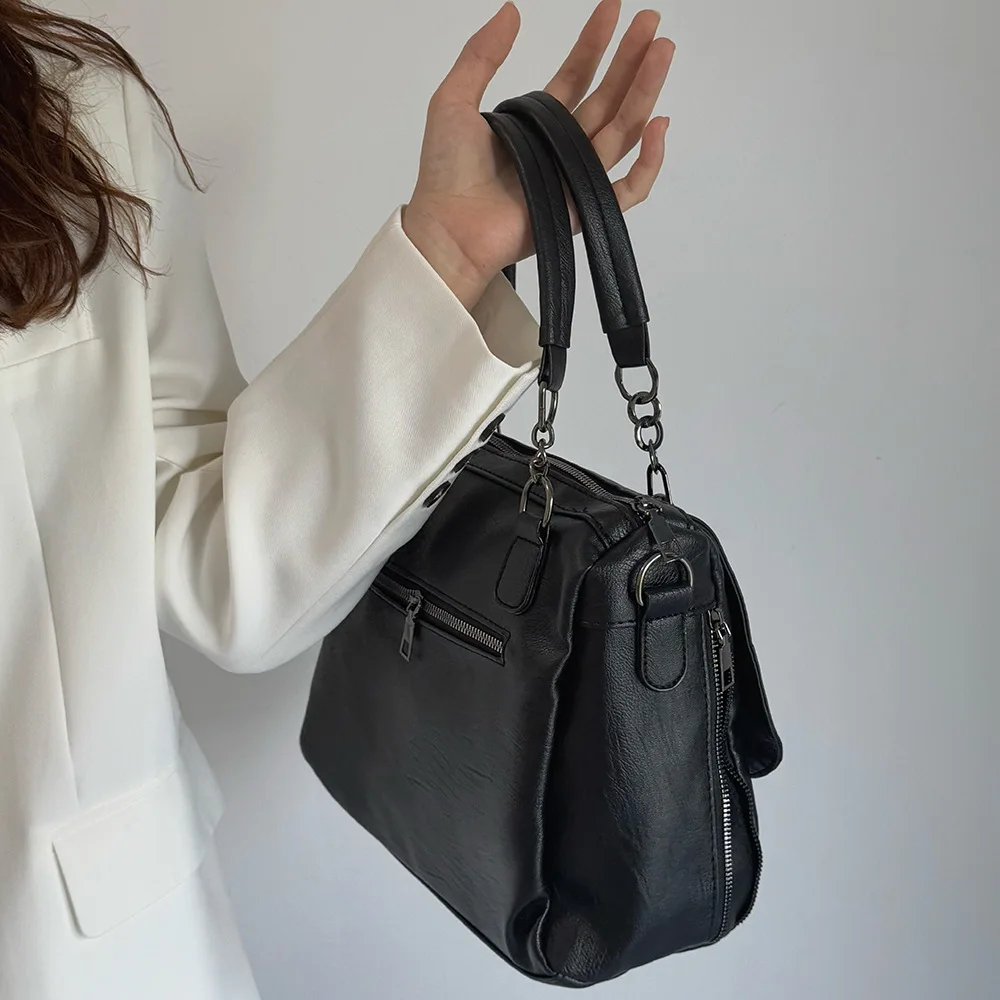 Solid Color Ladies Handbag Women's Shoulder Crossbody Bag Large Capacity PU Leather Casual Tote Travel Handbag Boston Female Bag