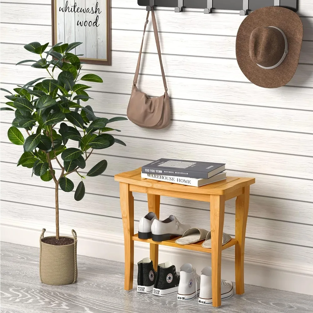 Bamboo Shower Bench 2-Tier Spa Stool for Inside Shower with Storage Shelf and Non-Slip Feet Chair Seat Organizer