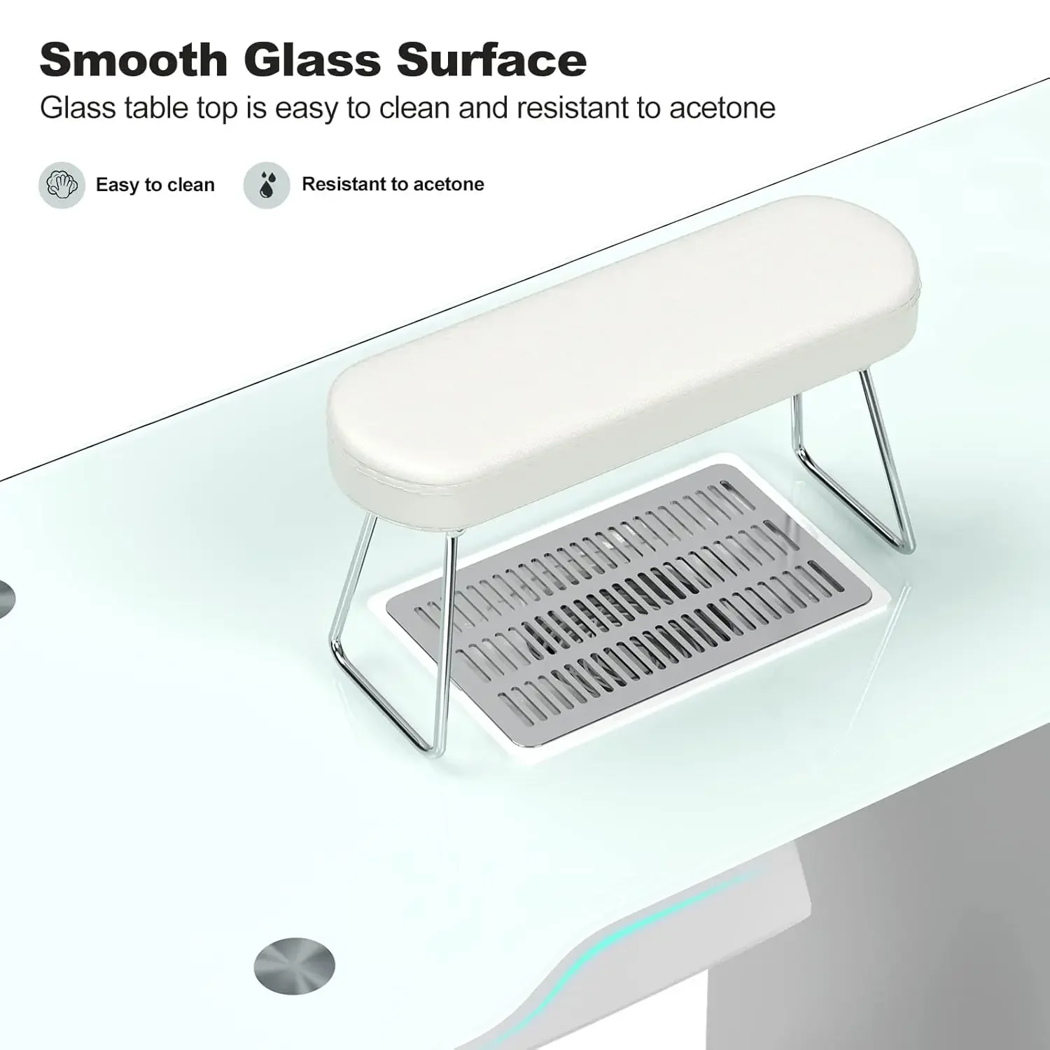 Manicure Table with Glass Top Foldable Arm Rest Lockable Wheels Storage Drawers for Nail Tech White Built-in Electric Vent
