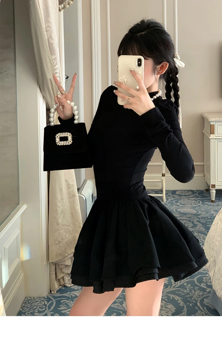 Elegant Solid Knitted Dress Women Long Sleeve Half High Collar A-line Mini Dresses Autumn Winter Birthday Party Vestidos Trend