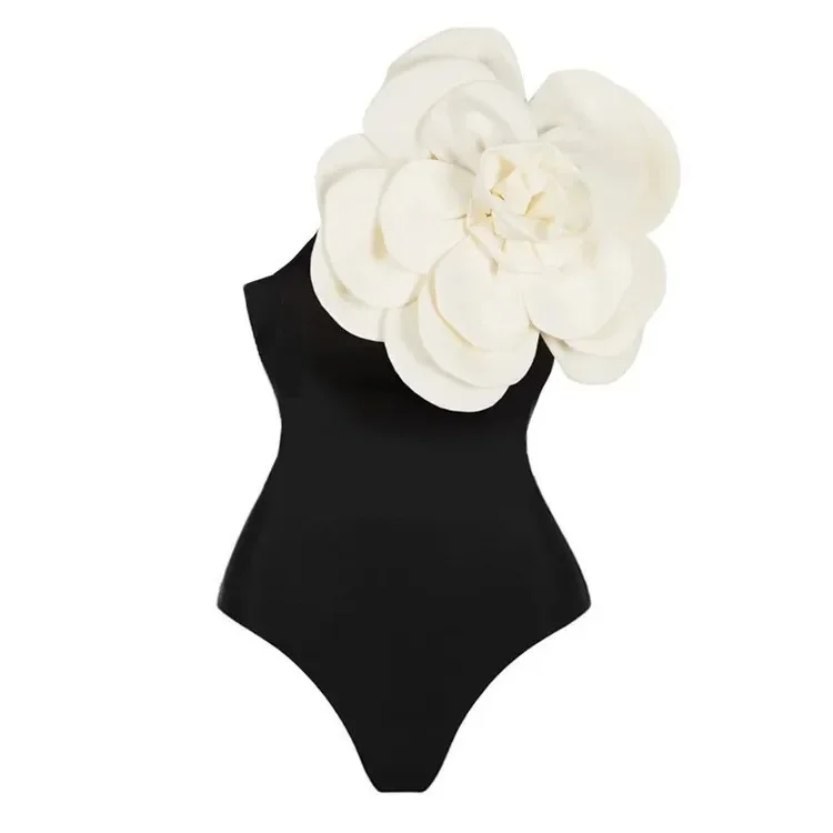 

Women Swimsuit Simple Solid Color One-Piece with Cluster Decoration in Black/White on the Shoulders, Fashionable and Elegant