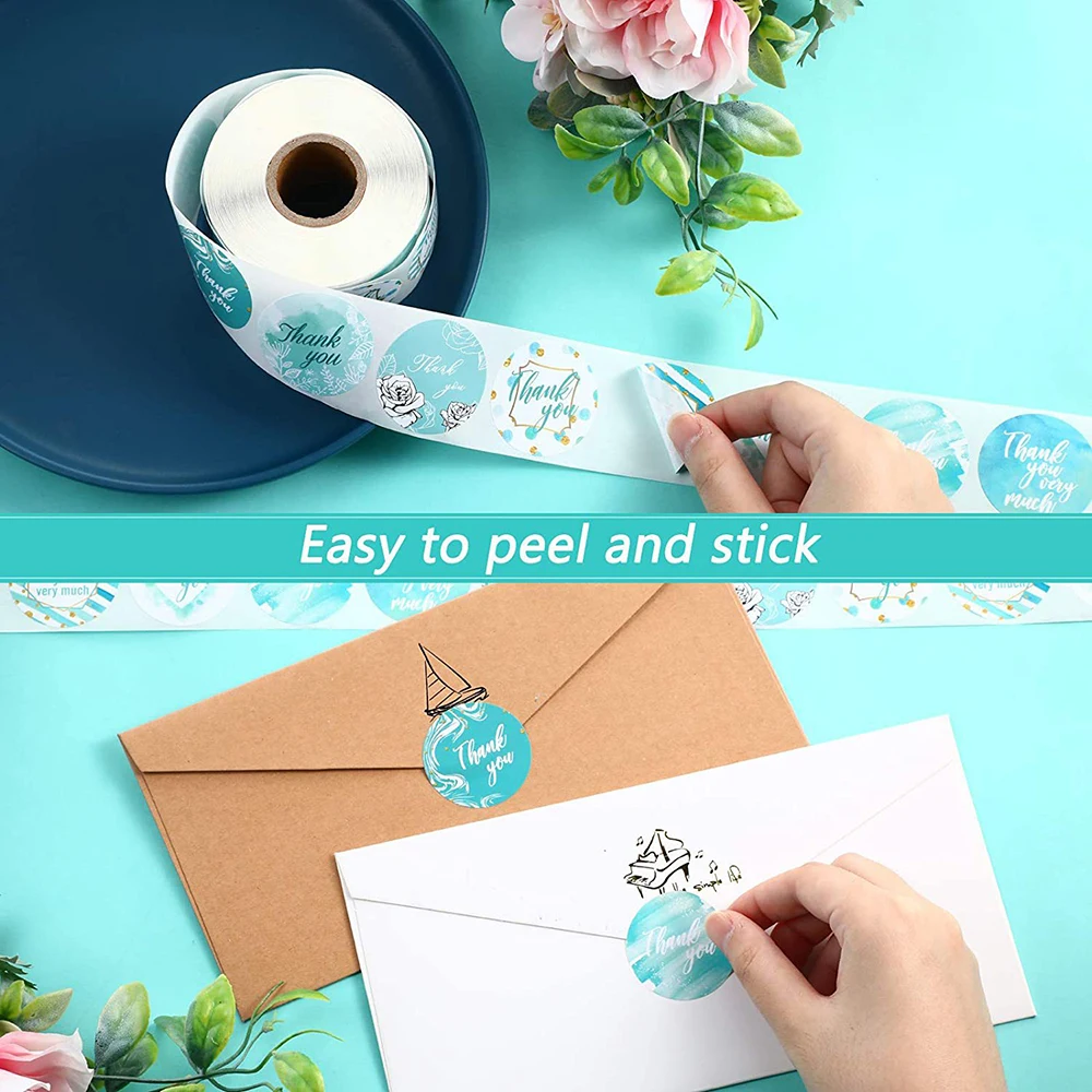 50-500pcs 1Inch Round Light Blue Thank You Sticker Decor Sealing Labels For Order Business Gift Bags Envelopes Sea
