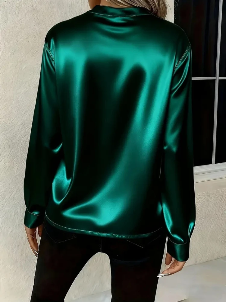 New Spring and Autumn Simple V-neck Women's Shirt Fashion Solid Color Loose Satin Long-sleeved Blouse Elegant Women's Clothing