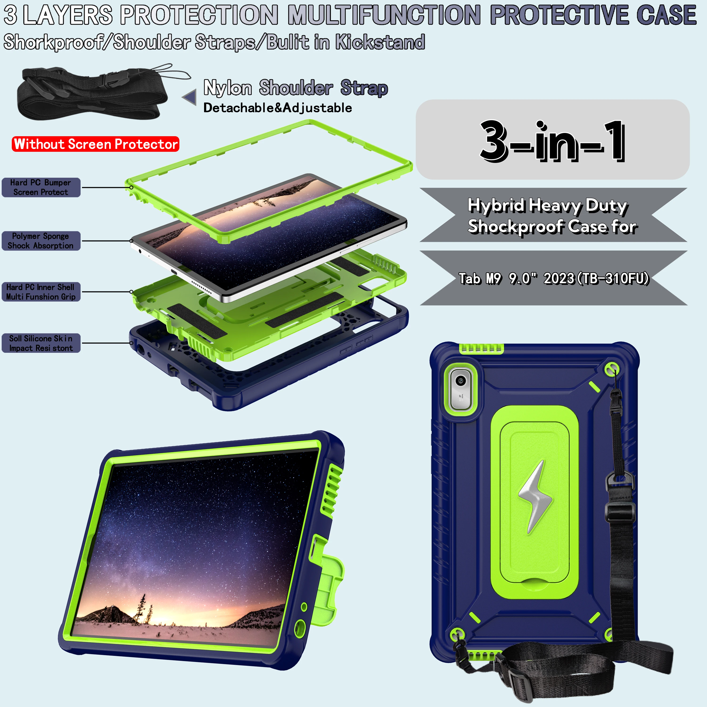 Shockproof Hybrid Tablet Case with Kickstand and Shoulder Strap