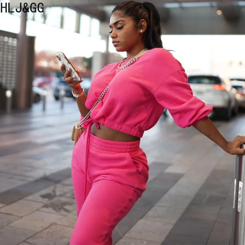 HLJ&GG Rose Casual Solid Jogger Pants Two Piece Sets Women Round Neck Long Sleeve Crop Top+Pants Tracksuits Female 2pcs Outfits