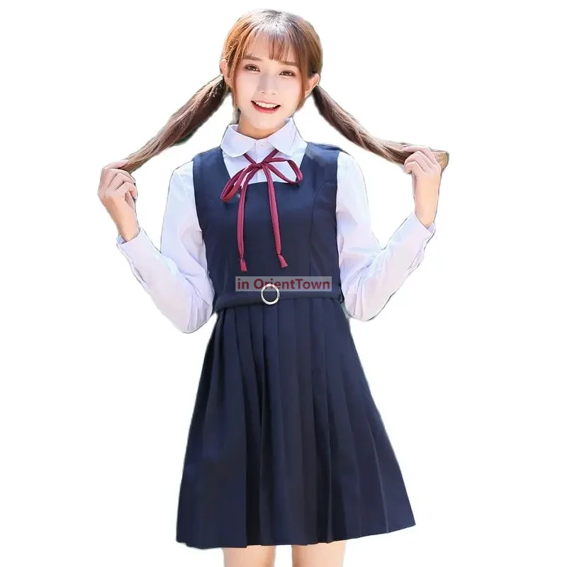 여학생 교복 일본식 봄 해군 대학 스타일 선원복 흰색 티셔츠와 민소매 드레스